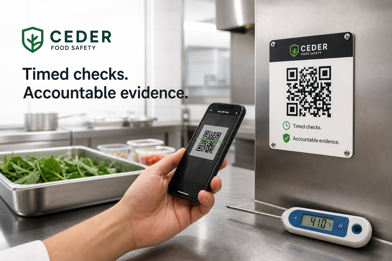 Ceder Food Safety QR station being scanned in a restaurant kitchen