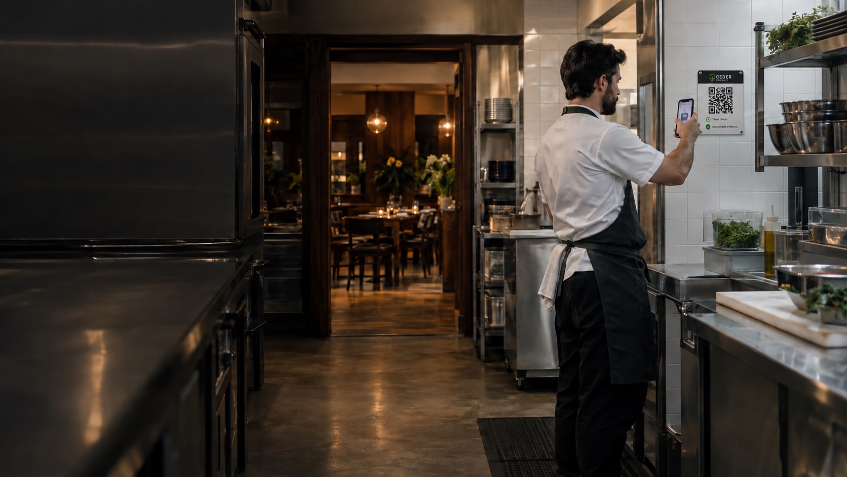Restaurant employee scanning a Ceder Food Safety station QR code